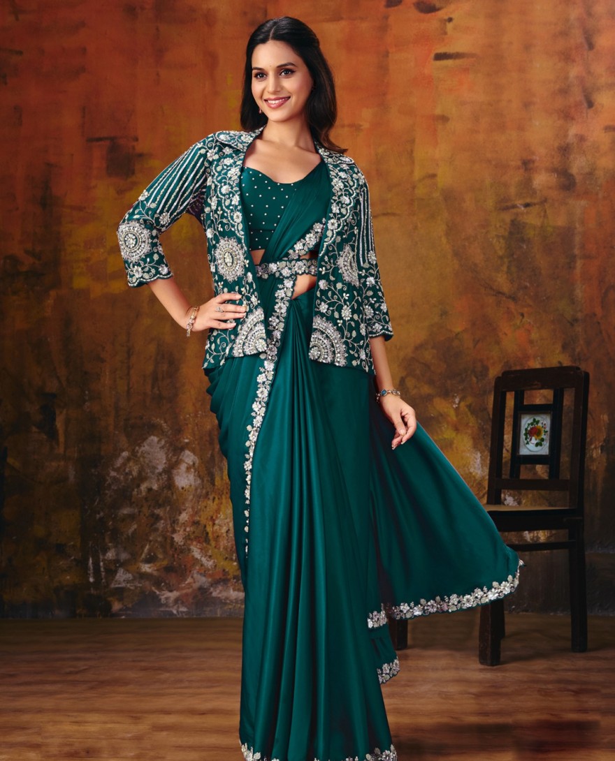 27104B - Rama Green Embroidered Wedding Party Designer Saree